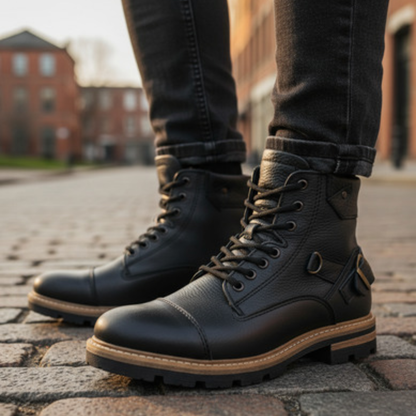Bota de Cuero Negro con Suela de Alto Agarre Para Hombre®