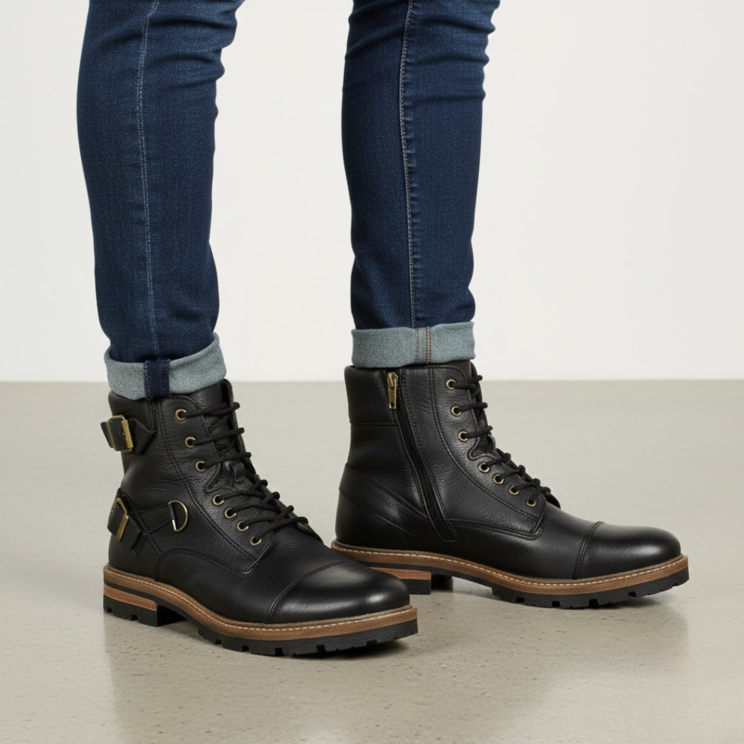 Bota de Cuero Negro con Suela de Alto Agarre Para Hombre®