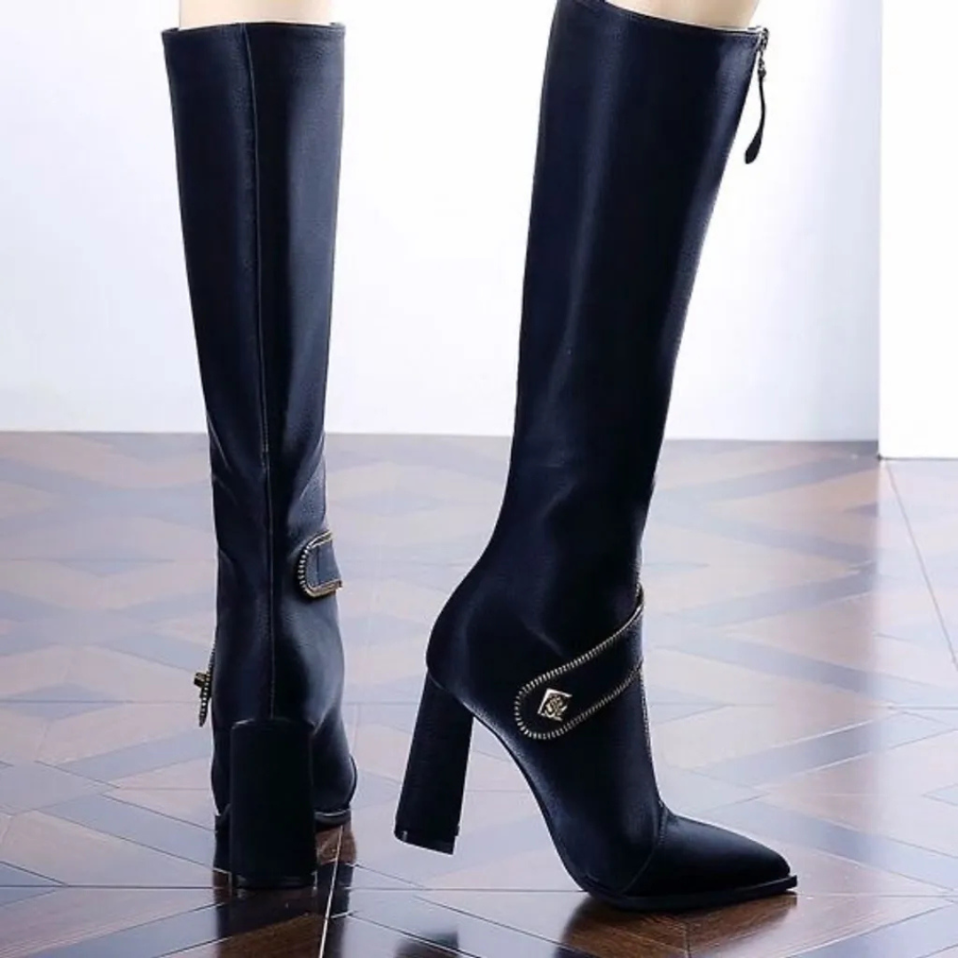 Botas altas de mujer de cuero con cremallera frontal y tacón grueso